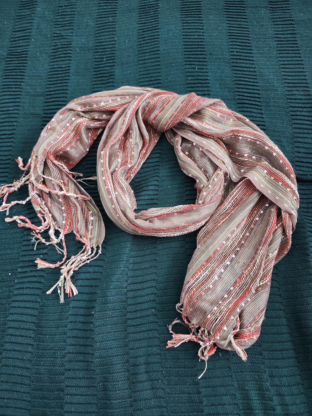 Scarf Metallic Red Green Yellow Tassles Autumn Fall